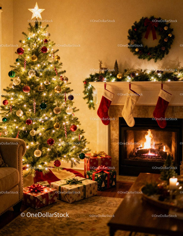 Cozy living room with Christmas tree and fireplace glow