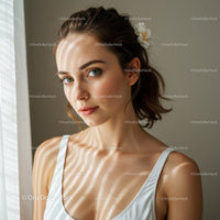 Portrait of a Young Woman with Blue Eyes and Brown Hair Near Window