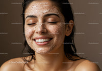 Young Woman Smiling with Facial Scrub in Close-Up Portrait