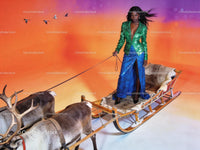 Fashionable woman standing on reindeer sled in vibrant scene