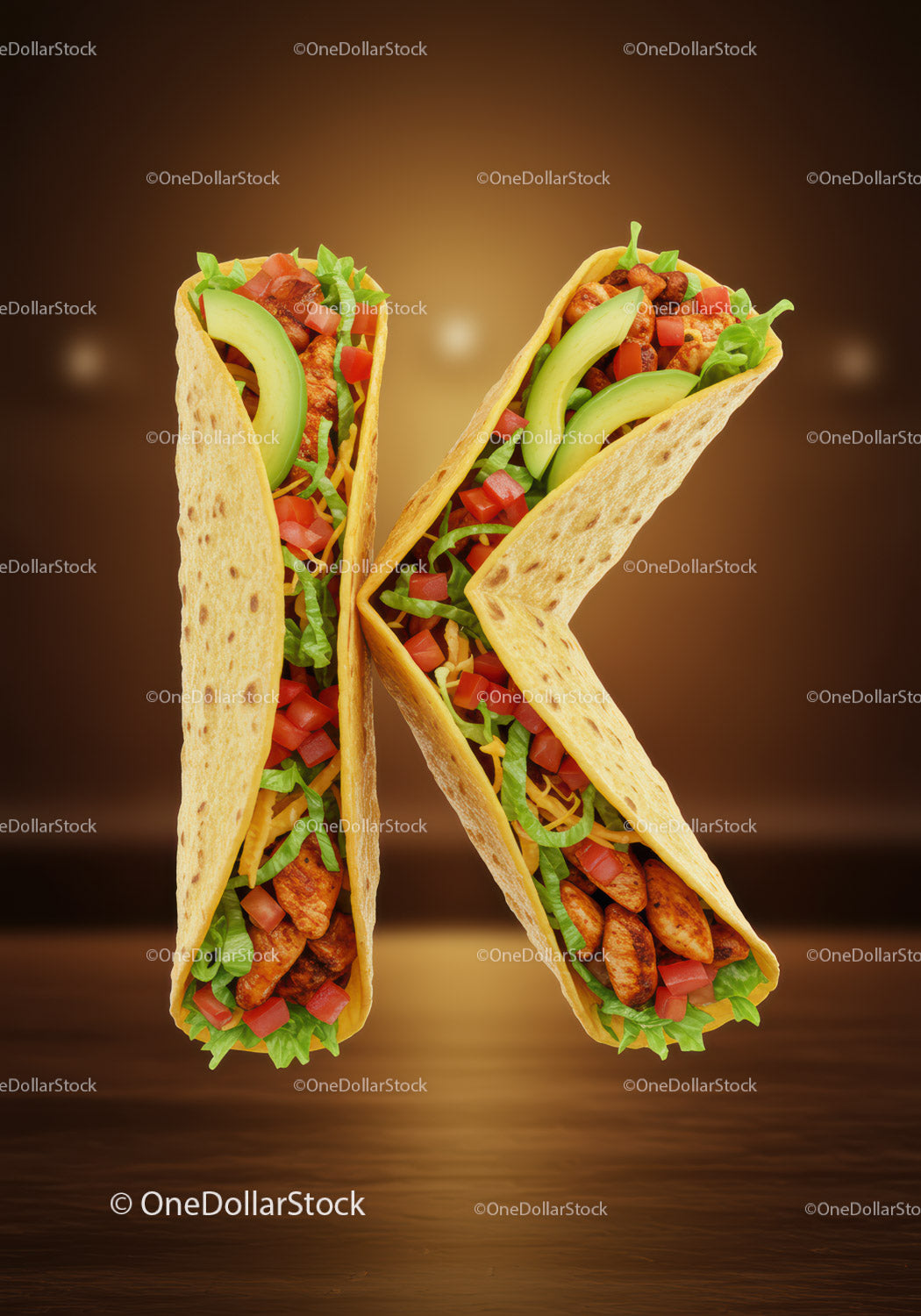 Litera K stworzona ze świeżych składników tacos z kurczakiem