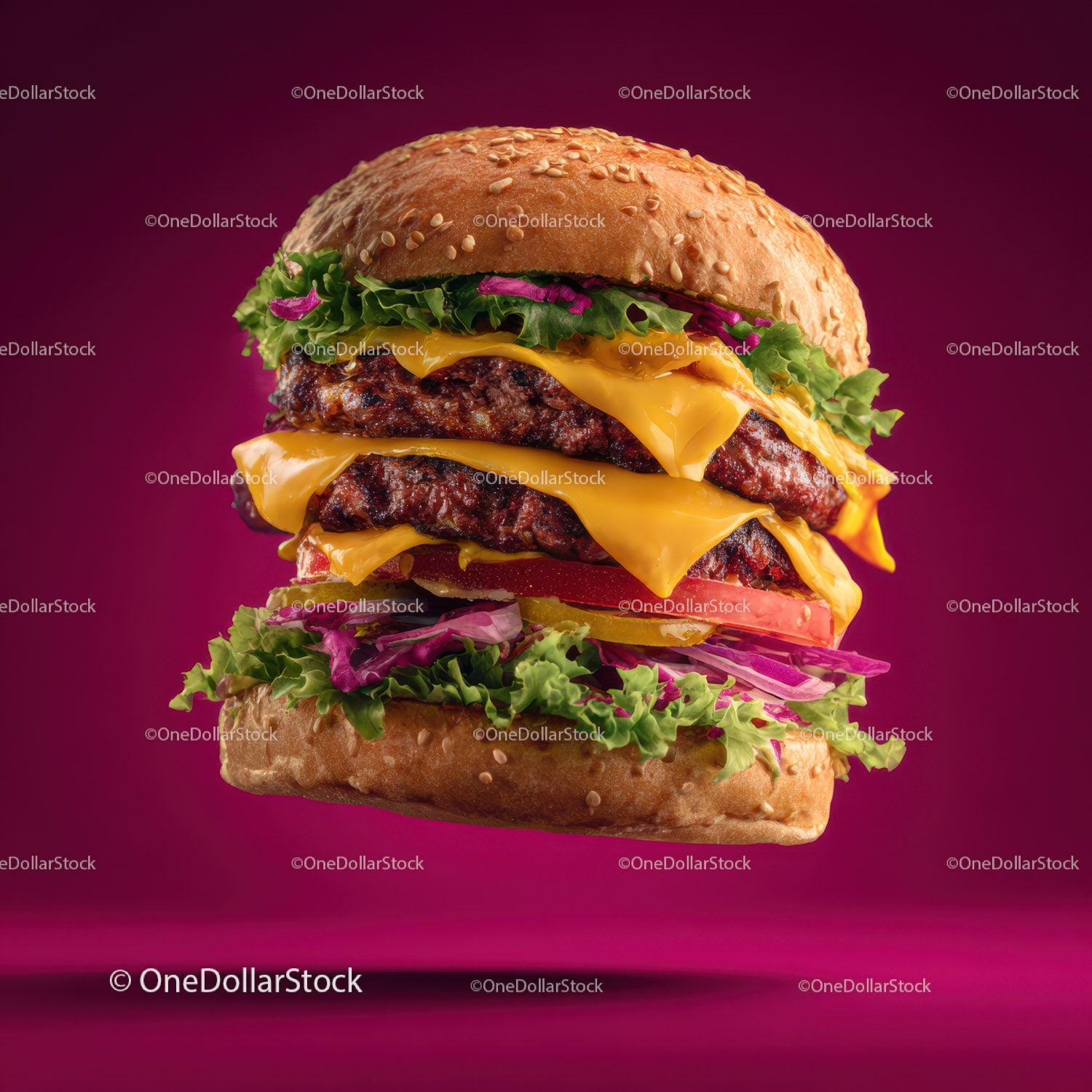 Stacked Cheeseburger with Multiple Beef Patties and Fresh Toppings