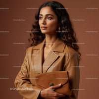 Elegant Woman Wearing Brown Leather Jacket and Holding Clutch