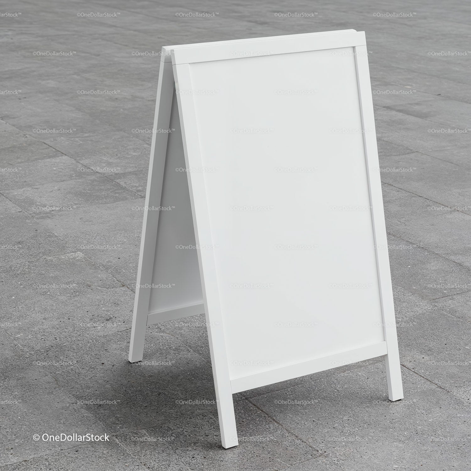 Blank white sandwich board sign on gray pavement
