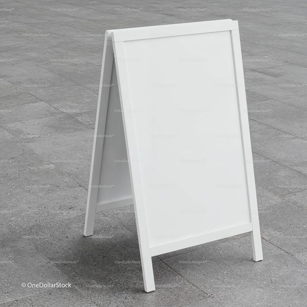 Blank white sandwich board sign on gray pavement JPG Mockup Image