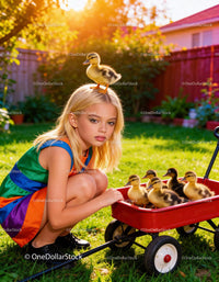 Girl with Ducklings in Wagon on Sunny Backyard Lawn