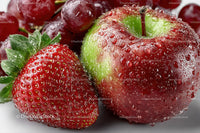 Fresh Fruits Including Strawberry Apple and Grapes with Dew Drops