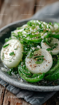 Fresh Onion and Green Onion Slices with Herbs in Rustic Plate
