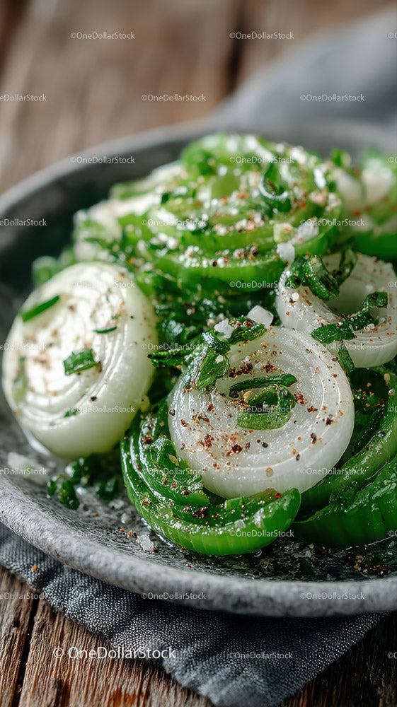 Fresh Onion and Green Onion Slices with Herbs in Rustic Plate