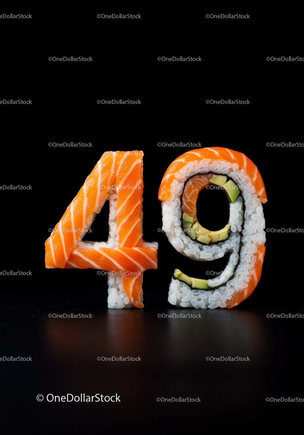 Kreatywne sushi w kształcie cyfry czterdzieści dziewięć na czarnym tle