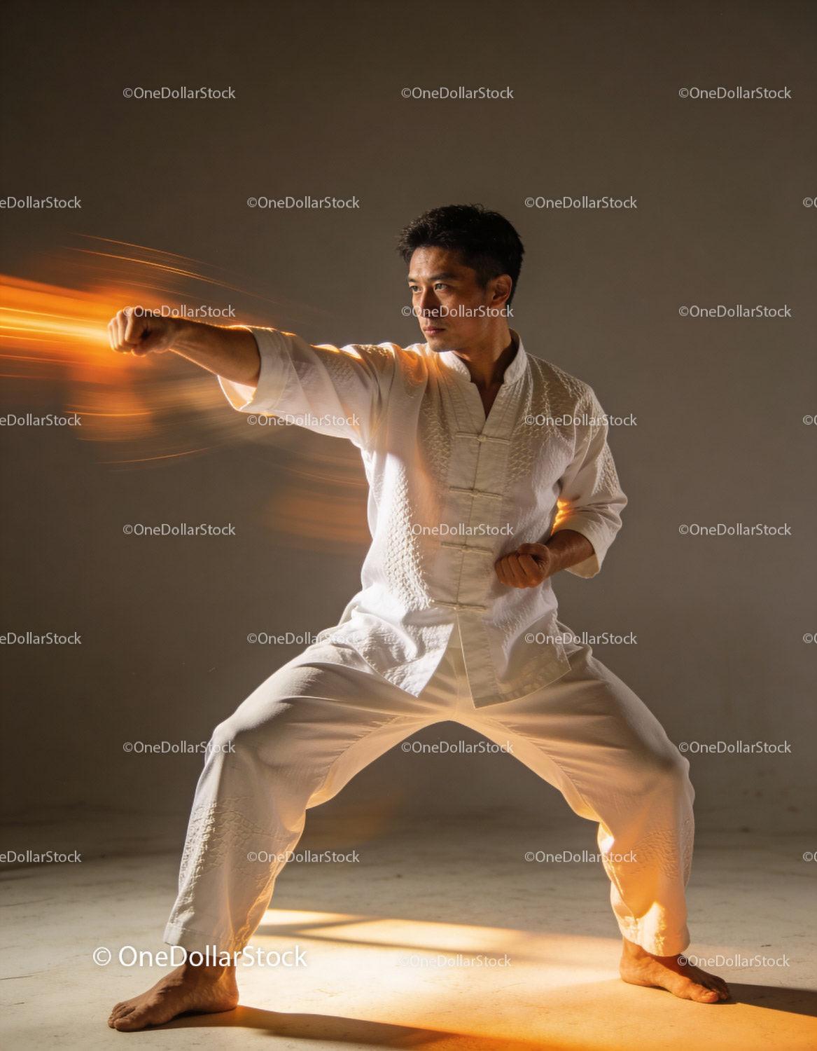 Martial artist practicing a focused punch in traditional attire