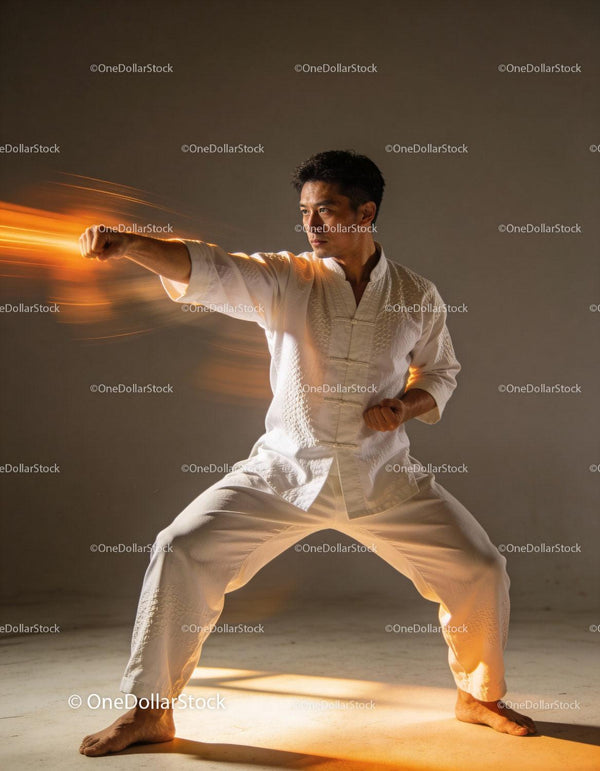 Martial artist practicing a focused punch in traditional attire