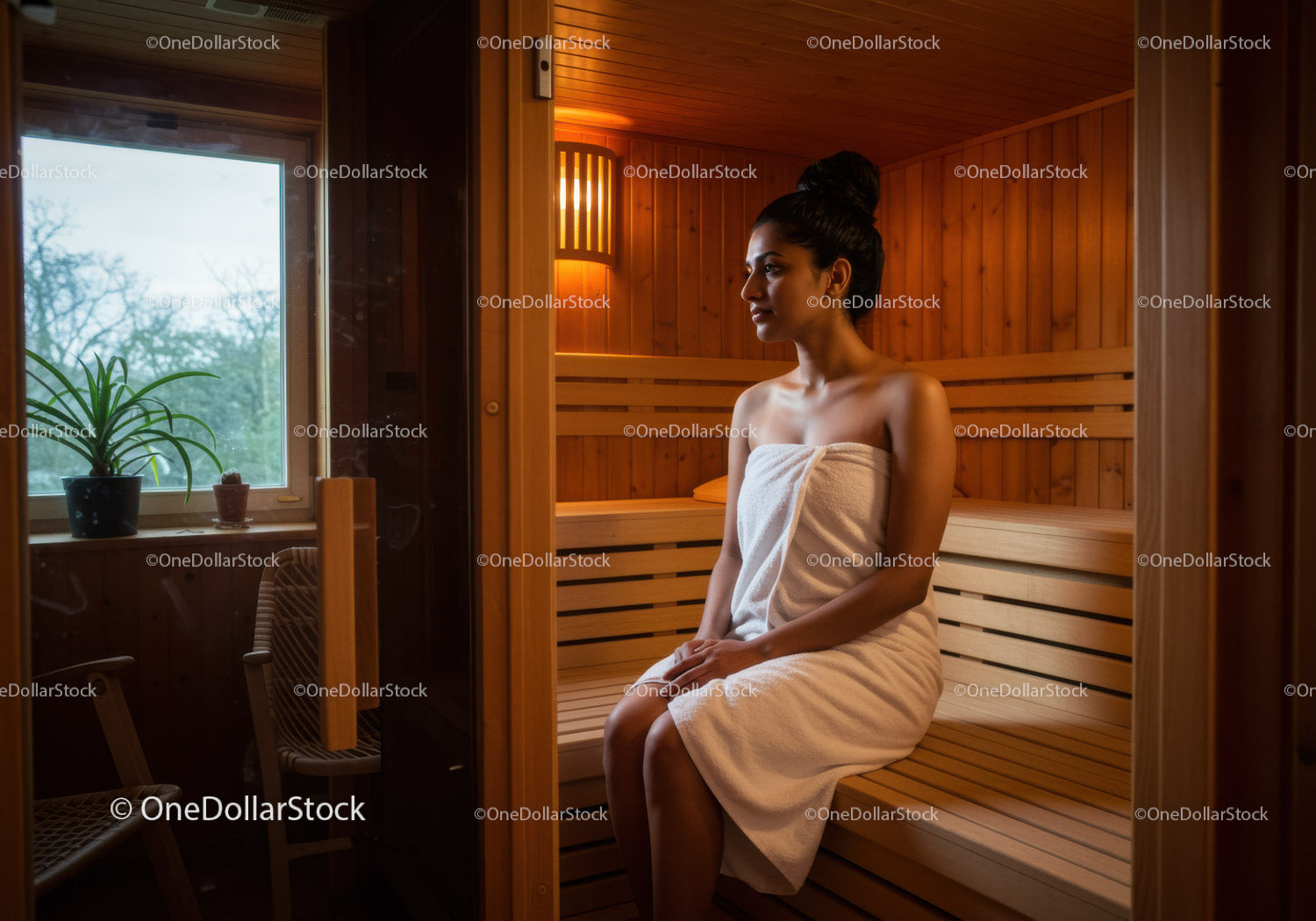 Female Relaxing in Sauna or Spa Room with Wooden Interior