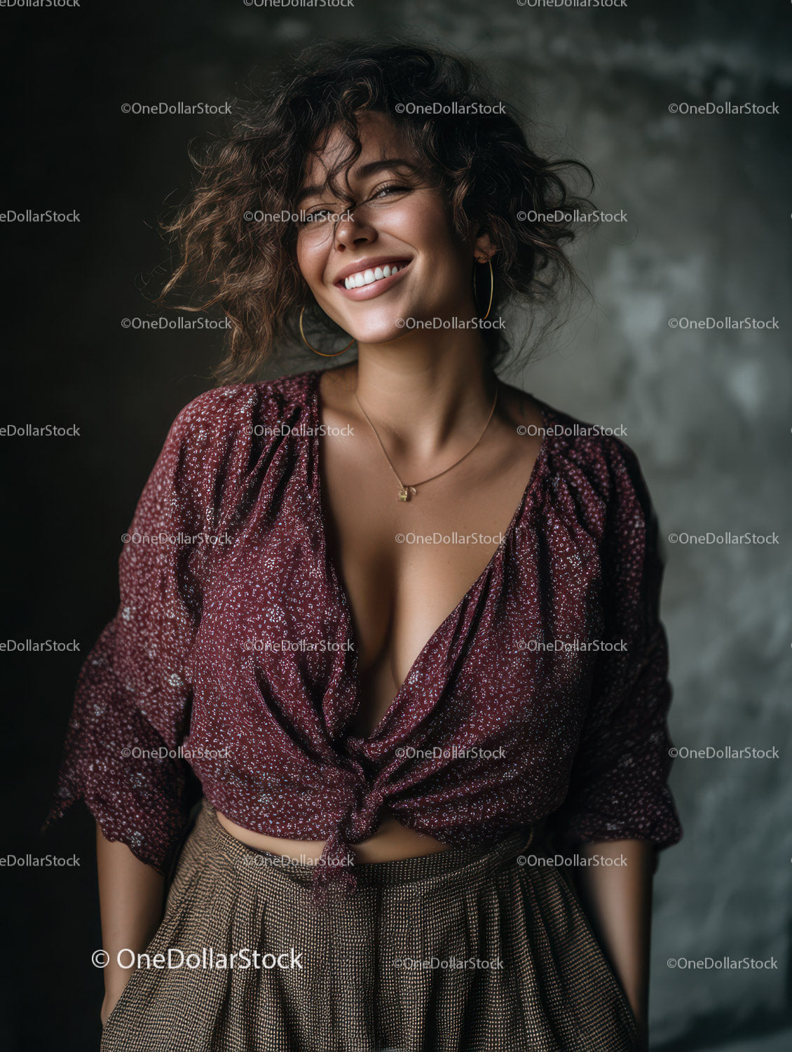 Stylish Woman Smiling with Curly Hair in Casual Outfit