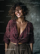 Stylish Woman Smiling with Curly Hair in Casual Outfit