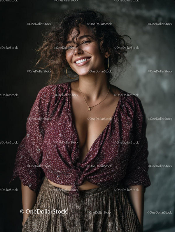 Stylish Woman Smiling with Curly Hair in Casual Outfit