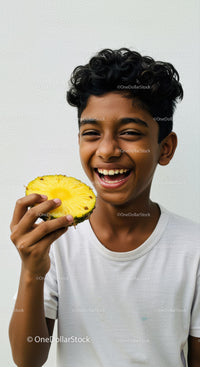 Smiling Boy Holding Pineapple Showing Childhood Joy and Summer Vibe