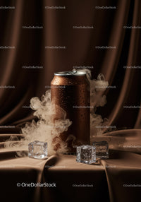 Chilled soda can with ice and mist on fabric