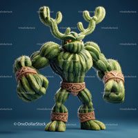 Vibrant Green Anthropomorphic Cactus Character with Muscular Build