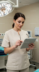 Female Nurse Using Digital Tablet in Modern Hospital Room