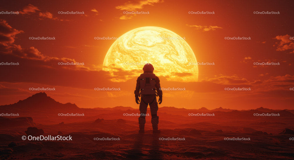 Astronauta stojący na powierzchni Marsa ze Słońcem i planetą w tle