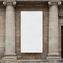 Blank White Vertical Banner Between Classic Stone Columns