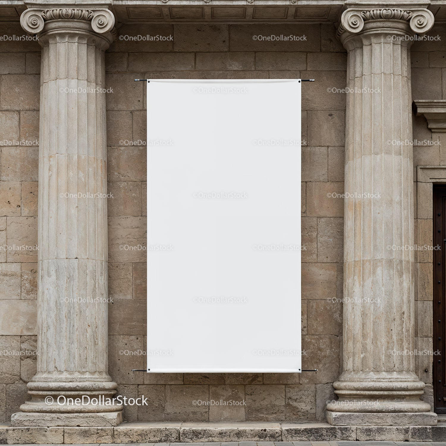 Blank White Vertical Banner Between Classic Stone Columns