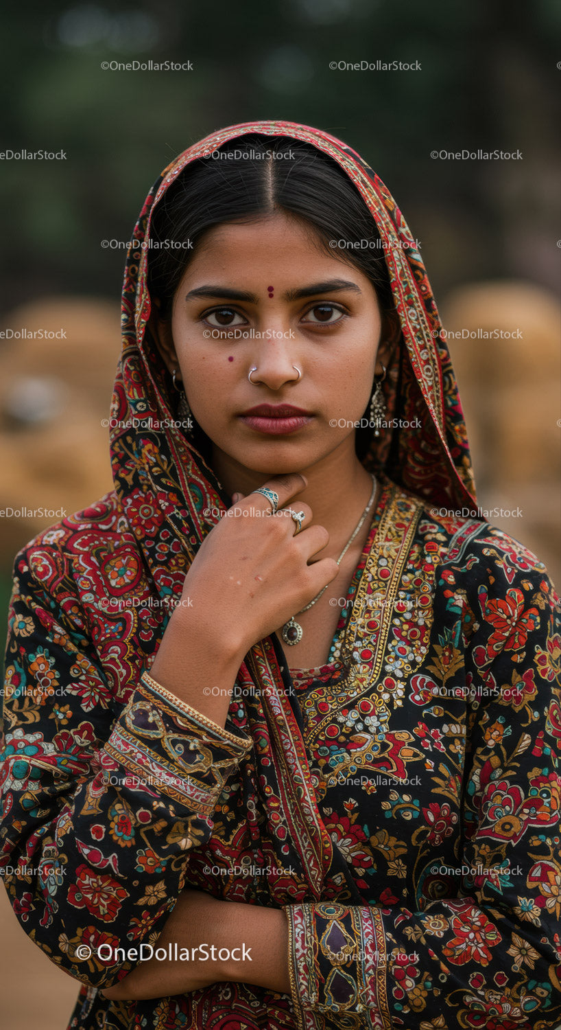 Traditional Fashion Portrait of an Indian Woman Wearing Embroidered Clothing