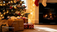 Christmas tree with gifts by cozy fireplace and stockings