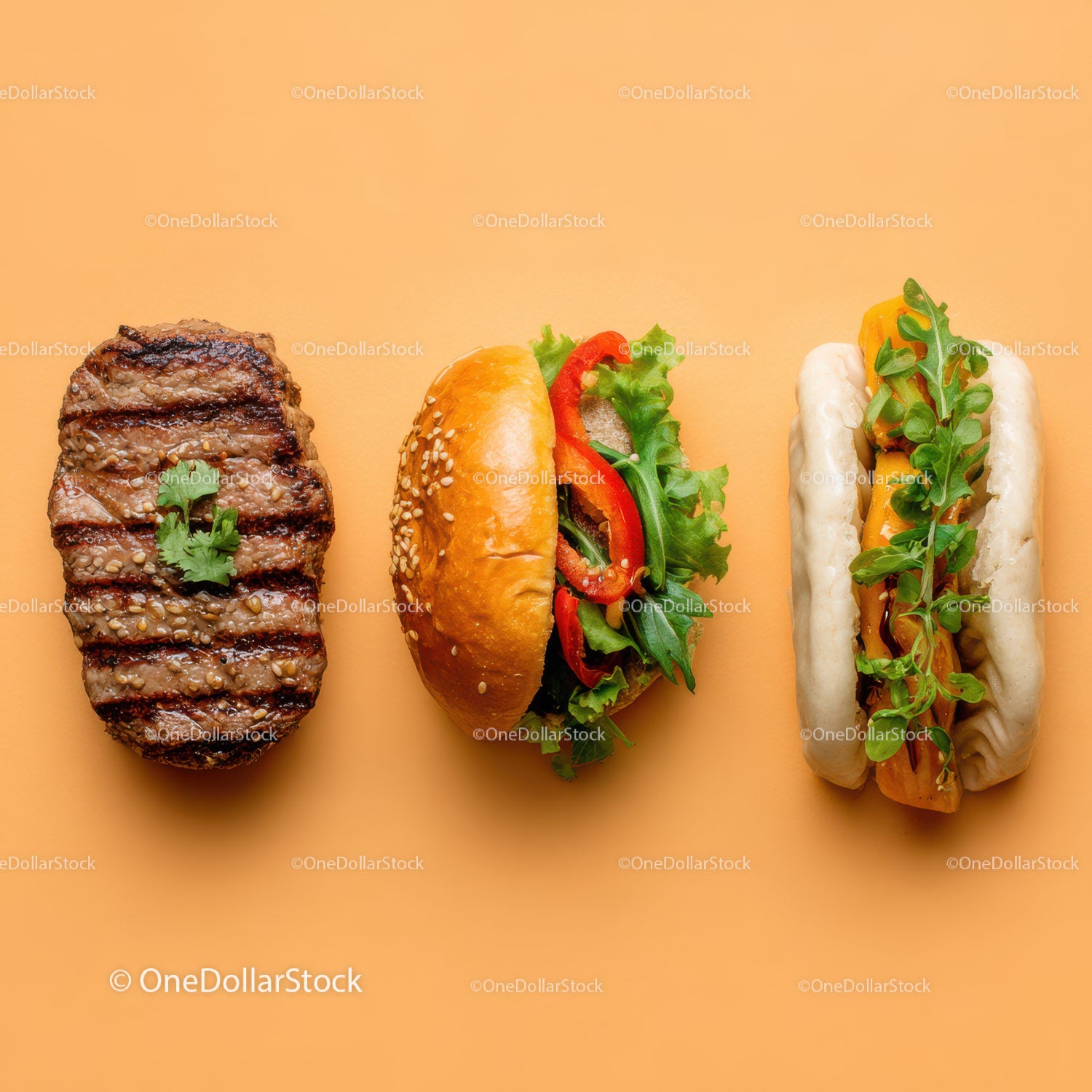 Gourmet Burger with Lettuce and Tomato Next to Grilled Steak and Dumpling