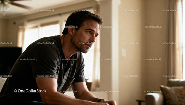 Thoughtful man sitting in warm lit living room