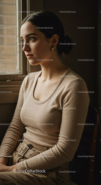Elegant Woman Sitting Near Window in Casual Outfit with Warm Lighting