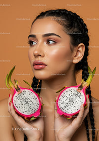 Portrait of a Young Woman with Sliced Dragon Fruits Against Warm Background
