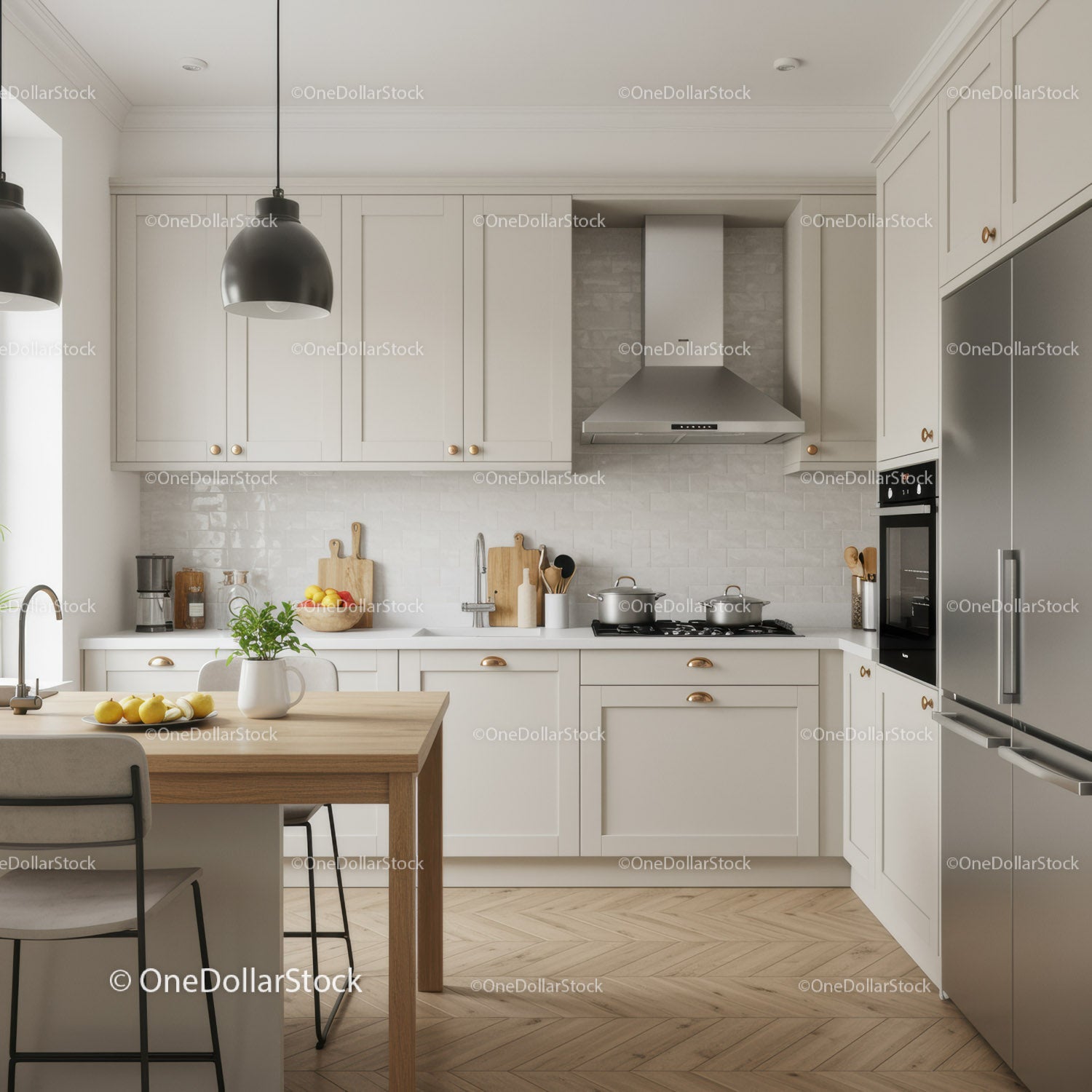 Bright Modern Kitchen with White Cabinets and Stainless Steel Appliances