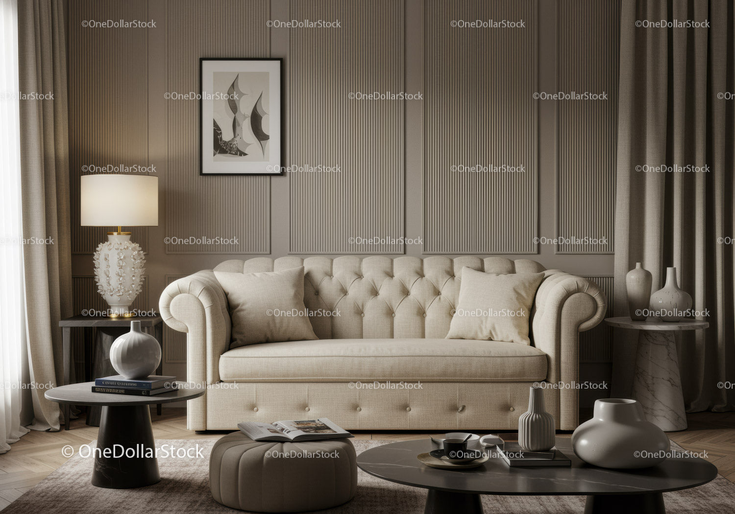 Cozy beige living room with modern decor and soft lighting