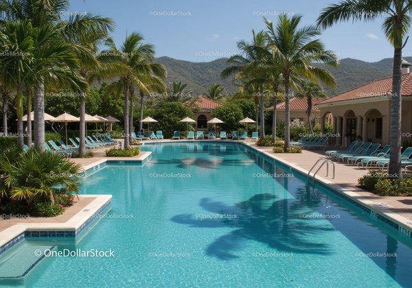 Luxury Outdoor Pool with Lounge Chairs and Palm Trees in Tropical Resort