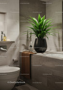 Green Foliage in Modern Bathroom with Minimalist Decor and Tiled Walls
