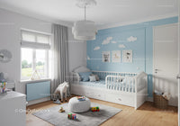 Bright and Cheerful Blue and White Nursery with Toy Horse and Cloud Art