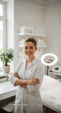 Smiling Female Healthcare Professional in Modern Medical Clinic Environment