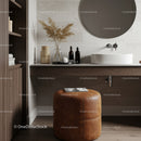 Stylish Modern Bathroom with Wooden Shelving and Beige Decor