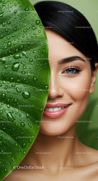 Beautiful Woman with Blue Eyes and Black Hair Behind Leaf