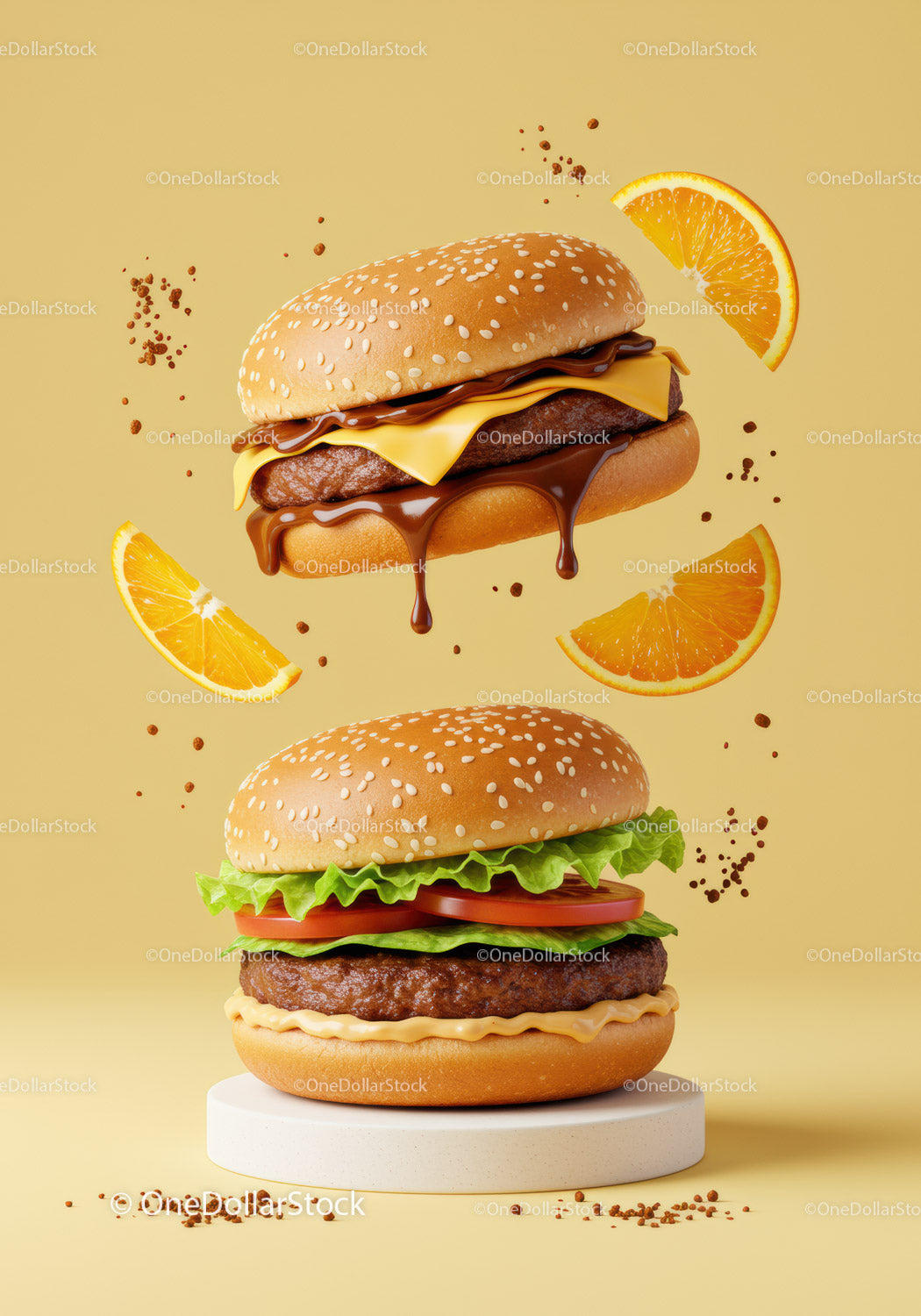 Two gourmet burgers with fresh toppings and orange slices