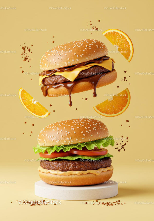 Two gourmet burgers with fresh toppings and orange slices