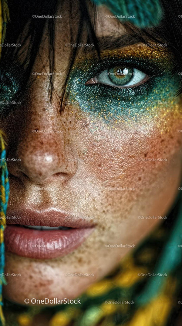 Creative Colorful Glitter Eye Makeup with Freckles Close-Up