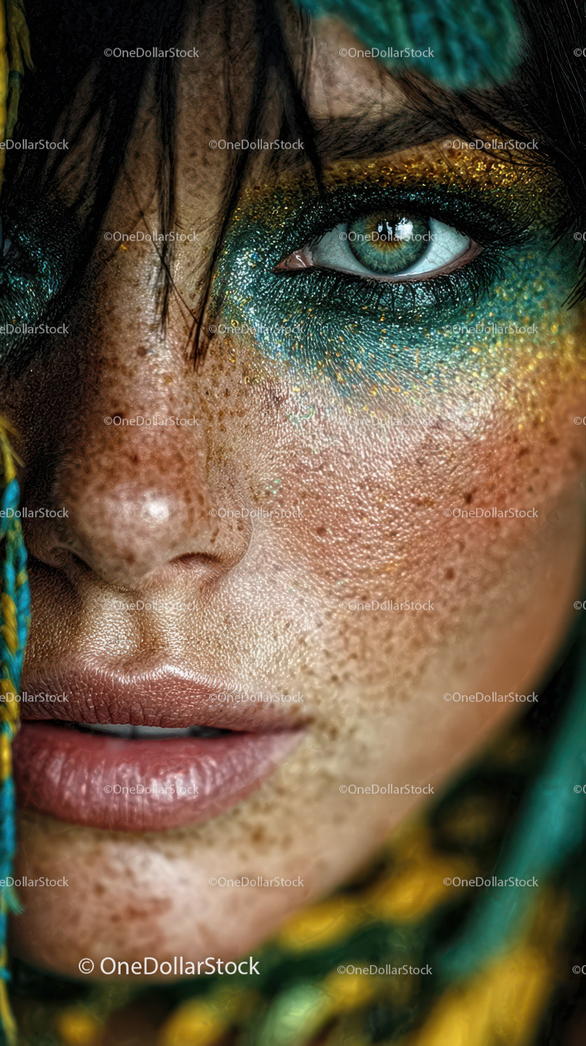 Creative Colorful Glitter Eye Makeup with Freckles Close-Up