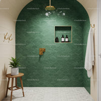 Minimalist bathroom shower area with green tiled wall