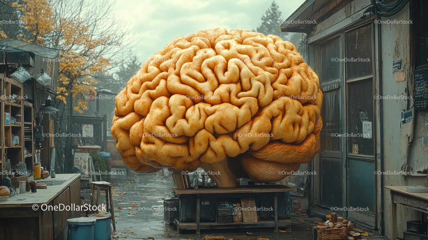 Giant Brain Sculpture on City Street with Autumn Trees