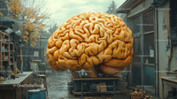 Giant Brain Sculpture on City Street with Autumn Trees