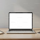 Modern laptop with blank screen on wooden desk