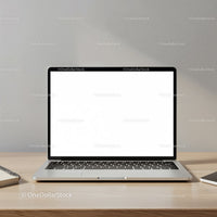 Modern laptop with blank screen on wooden desk